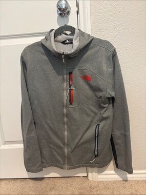 The North Face Men's Gray Hooded Lightweight Jacket with Red Accents